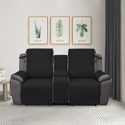 PureFit Water Resistant Reversible Loveseat Recliner Cover - Non Slip Furniture Protector for 2 Seat Recliner, Black/Beige | Double with Console, Non Slip Split Sofa Cover, Washable Reclining Cover, Black/Beige