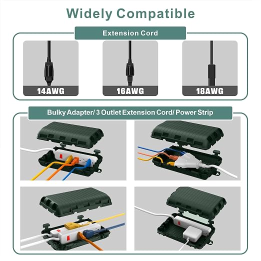 Outdoor Waterproof Electrical Box, 2 Pack Large Extension Cord Cover Protector Plug Connection Cable Safety Box IP54 Water-Resistant for Power Strip, Holiday Light and Decorations, Green