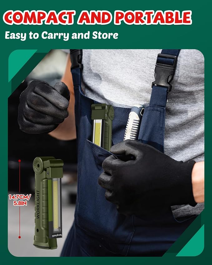 Coquimbo Tool Gifts for Men Him, Rechargeable LED Work Light, 2 Pack Green | Grill Light, Flashlight, Magnetic Base and Hook, 5 Modes 360° Rotate, Mechanic Light, Dad Husband Mens Birthday Gifts