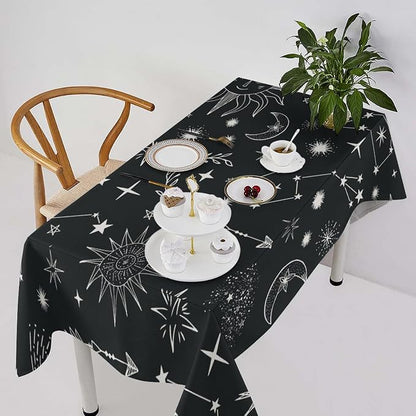 Sun Moon Tablecloth Boho Astrology Celestial Star Crescent Galaxy Space Table Cloth Water Resistant Wipeable Table Cover for Picnic Party Holiday Kitchen Dinner Table 55"x55"