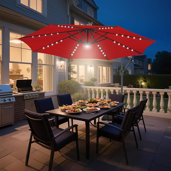 10 ft Solar Patio Umbrella Cantilever with Centre Light, Red | 40 LED Lights, UV Protection, Large Offset Patio Umbrella Outdoor for Garden, Deck, Backyard, Pool, Porch, Provides Shade