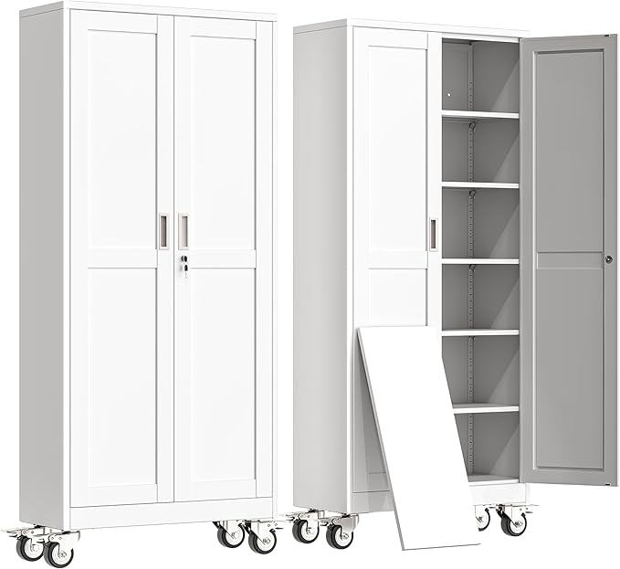 erosoei 75" H Metal Garage Storage Cabinet, Rolling Tool Cabinet with 2 Doors and Wheels, Locker Steel Cabinet with 5 Adjustable Shelves, Organization Cabinet for Garage,Office,Home,Gym,School（White）