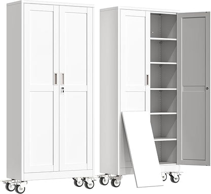 erosoei 75" H Metal Garage Storage Cabinet, Rolling Tool Cabinet with 2 Doors and Wheels, Locker Steel Cabinet with 5 Adjustable Shelves, Organization Cabinet for Garage,Office,Home,Gym,School（White）