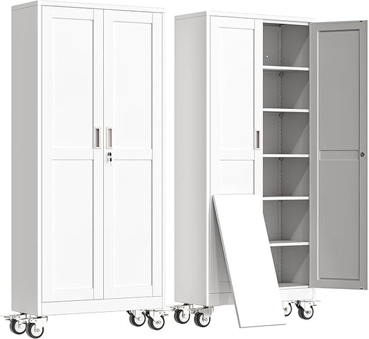 erosoei 75" H Metal Garage Storage Cabinet, Rolling Tool Cabinet with 2 Doors and Wheels, Locker Steel Cabinet with 5 Adjustable Shelves, Organization Cabinet for Garage,Office,Home,Gym,School（White）