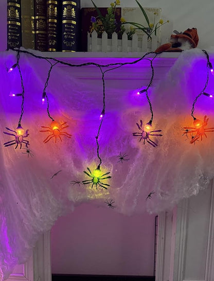 7Ft Halloween Spider Curtain String Lights Outdoor Waterproof, 25LED Plug-in Halloween Decorations with 10 Colorful Spider Lights, Spooky Party Decor for Haunted House, Patio, Porch, Yard, Window