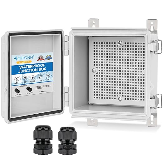 TICONN Waterproof Electrical Junction Box IP67 ABS Plastic Enclosure with Hinged Cover with Mounting Plate, Wall Brackets, Cable Glands (Off-White, 5.9"x5.9"x3.5")
