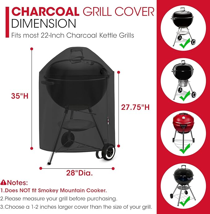 Unicook Round Kettle Grill Cover Compatible with Weber 22 Inch Charcoal Grill, Waterproof Vinyl Exterior with Polyester Lining, Outdoor Charocoal BBQ Smoker Cover, Compared to Weber 7176