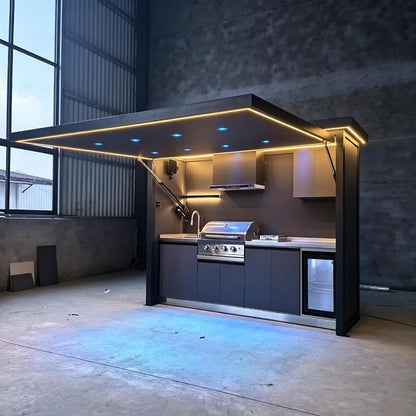 Prefabricated Modular Outdoor Kitchen Kits with Roof, Outdoor Kitchen Pod with Grill Sink Refrigerator Storage, Backyard Patio BBQ Kitchen Island for Outdoor Cooking