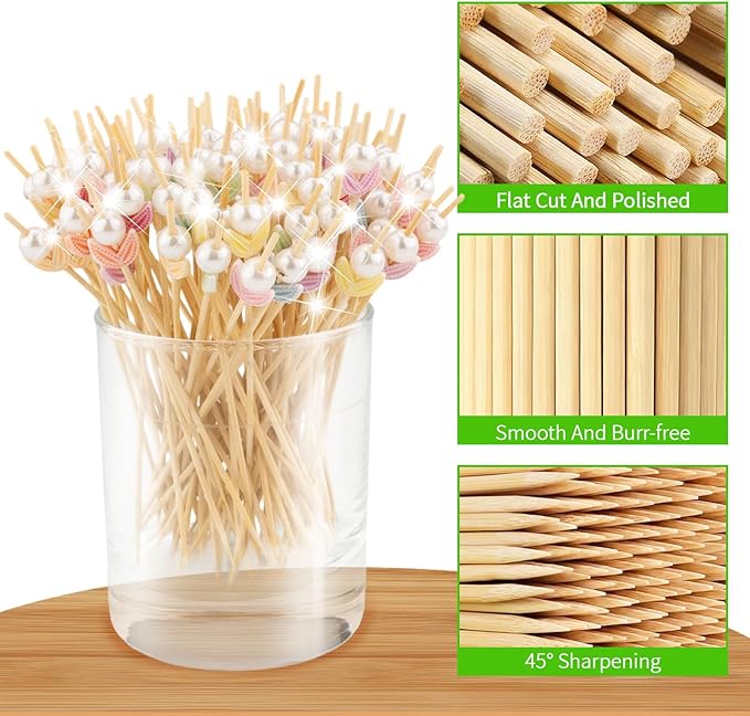 100 Pcs Cocktail Picks, Pearl Flower Decorative Toothpicks, for Holiday Valentines Day Theme Party Wooden Long Cocktail Sticks Appetizers Fruits Drink Garnish Party Supplies (4.7 Inch)