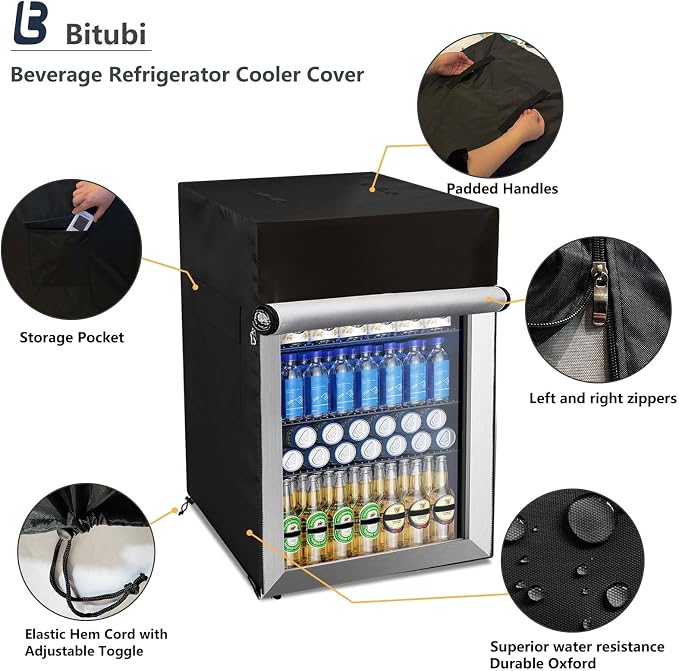 Bitubi Beverage Refrigerator Cooler Cover,Outdoor Fridge Cover – Waterproof, Dustproof, Sun-Proof, 21" W x 22" D x 31" H. Suitable for most Beer or Wine Mini Fridge/Drink Fridge (Black)