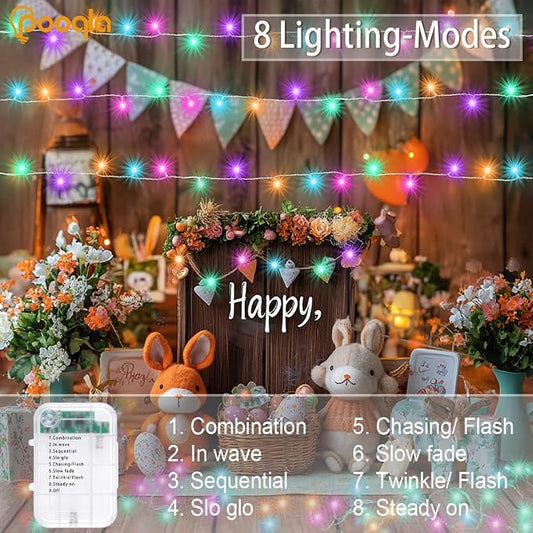 Pooqla 4 Pack String Lights Battery Operated, Total 66.6ft 200 LED Fairy Lights Indoor Outdoor Decorations, 8 Modes Battery Colorful Pastel Easter Lights for Bedroom Classroom Porch Party Yard Decor