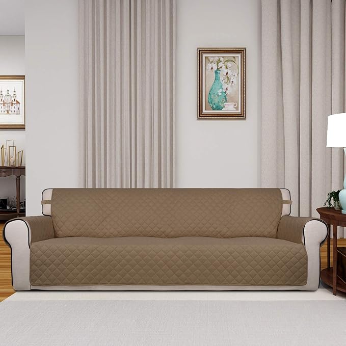 PureFit Reversible Quilted Couch Covers for Dogs Sofa Cover 4 Seater 88" | Camel/Ivory, Water Resistant Couch Protector, Washable Pet Couch Cover with Non Slip and Elastic Straps For Kids