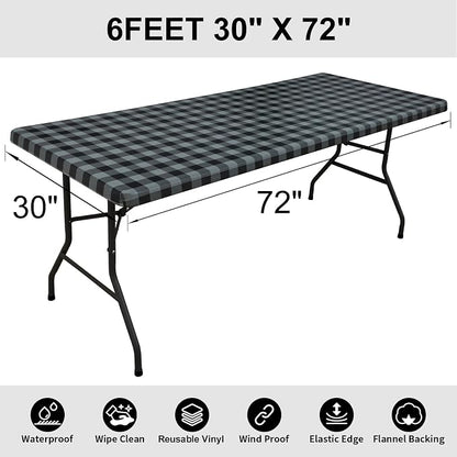 Smiry Rectangle Picnic Table Cloth, Elastic Waterproof Fitted Vinyl Tablecloths, Flannel Backed Buffalo Plaid Table Covers for Dining, Camping, Outdoor (Black and Grey, 30" x 72")