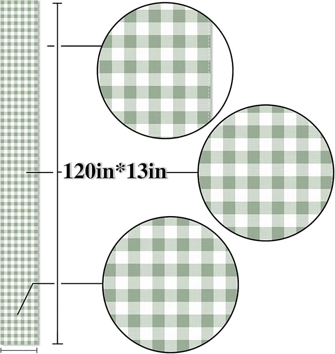 Sage Green Gingham Party Table Runner Green and White Checkered Plaid Decorations for Birthday Bridal Baby Shower Home Dining Kitchen Island Decor (13" x 120")