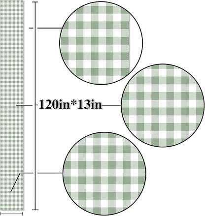 Sage Green Gingham Party Table Runner Green and White Checkered Plaid Decorations for Birthday Bridal Baby Shower Home Dining Kitchen Island Decor (13" x 120")