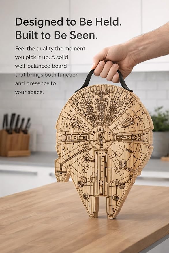 Millenium Falcon Inspired Wooden Cutting Board, Wood Cutting Boards for Kitchen, Non Toxic Hardwood Cutting Board, Wooden Chopping Board, Charcuterie Cheese Serving Board, Sci Fi Gift