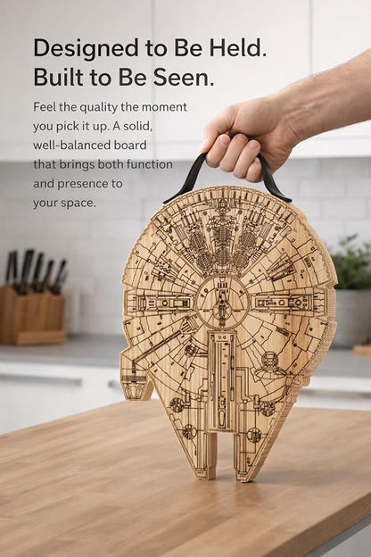 Millenium Falcon Inspired Wooden Cutting Board, Wood Cutting Boards for Kitchen, Non Toxic Hardwood Cutting Board, Wooden Chopping Board, Charcuterie Cheese Serving Board, Sci Fi Gift