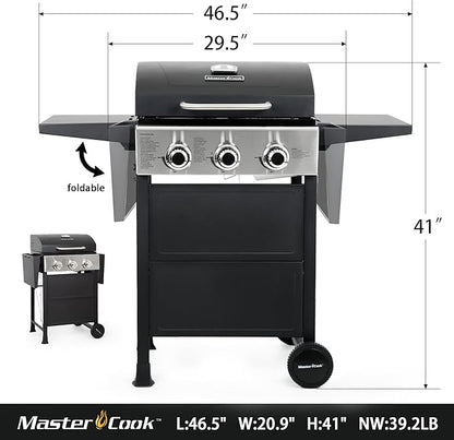 MASTER COOK 3 Burner BBQ Propane Gas Grill, 472 Sq. In. Cooking Area, 30,000 BTU Stainless Steel Barbecue Grill with Two Foldable Shelves for Outdoor Patio, Backyard