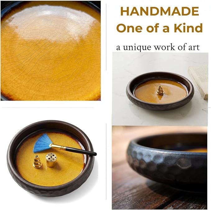 6 Inch Japanese Incense Holder Stick,Ceramic Handmade Crack Yellow Glaze | Incense Burner Bowl,9-Hole Design for Sticks,Cones,Coils Sage,Palo Santo - Perfect for Meditation,Yoga & Zen Home Décor