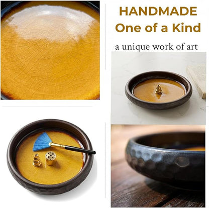 6 Inch Japanese Incense Holder Stick,Ceramic Handmade Crack Yellow Glaze | Incense Burner Bowl,9-Hole Design for Sticks,Cones,Coils Sage,Palo Santo - Perfect for Meditation,Yoga & Zen Home Décor