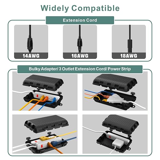 Outdoor Electrical Box(9.05x6.61x2.67inch), IP54 Waterproof Extension Cord Cover 9 Cable Entry Ports Connection Hider Box Safety Protector, Protect Plug, Holiday Light, Timer,and Power Strip, Black