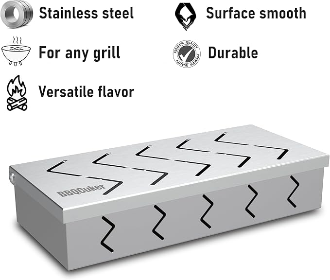 BBQCuker Grill Smoker Box, Stainless Steel Food Safe, Works with Wood Chips Smoked BBQ Flavor, Hinged Lid,Warp Free Grill Accessories (1pcs, 9x4 inches)