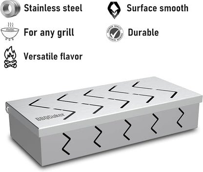 BBQCuker Grill Smoker Box, Stainless Steel Food Safe, Works with Wood Chips Smoked BBQ Flavor, Hinged Lid,Warp Free Grill Accessories (1pcs, 9x4 inches)