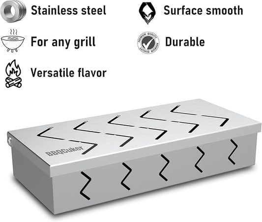 BBQCuker Grill Smoker Box, Stainless Steel Food Safe, Works with Wood Chips Smoked BBQ Flavor, Hinged Lid,Warp Free Grill Accessories (1pcs, 9x4 inches)