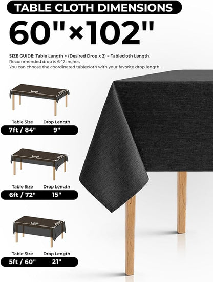 Decorelia Washable Black Rectangular Table Cloths for 6 Ft Table-6 Pack, Polyester Rustic Faux Linen Waterproof Rectangle Table Cloth Cover for Wedding,Outdoor,Events,Party,Banquet,Dining, 60x102 Inch