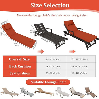 Chaise Lounge Cushions Outdoor Set of 2 Lounge Chair Cushion 80" L x 26" W with Headrest Straps 3'' Thick Waterproof Patio Chaise Cushions Pool Lounger Chair Cushion(Brick red)