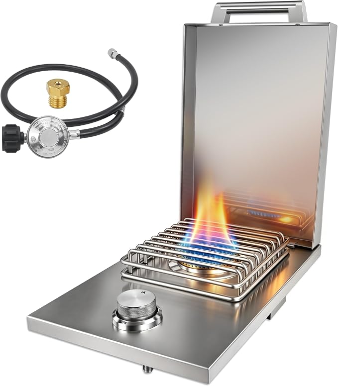 Single Side Burners-LP | Heavy-Duty 304 Stainless Steel Drop-In Side Burner, 15,000 BTU Propane & Natural Gas Burner for BBQ Island Outdoor Kitchen