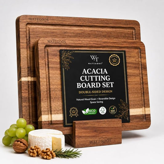 Acacia Wood Cutting Boards for Kitchen, Non-Toxic Cutting Board Set of 2, Chopping Boards with Deep Juice Groove for Meat, Cheese & Vegetables - Eco-Friendly & Medium & Small Sizes
