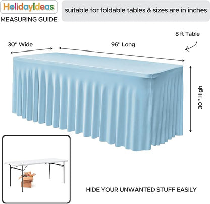 4 Pack Baby Blue Spandex Table Covers 8ft Rectangle Ruffle Skirts for Party | Elastic Table Covers 8 Foot, Pleated Fitted Table Cloths, Wrinkle Resistant Elegant Table Skirts Wedding, Banquets