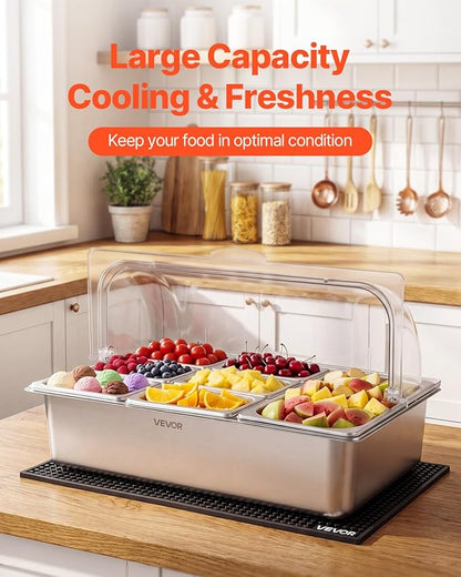 VEVOR Countertop Food Serving Display Container, Stainless Steel Food Salad Server Tray, Buffet Condiment Dispenser, Ice Cooled Rack with Clear Roll Top Cover, for Restaurant Hotel (1x1/3+6x1/9 Pan)