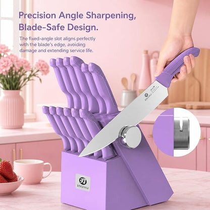 imarku 14-Piece Purple Knife Set with Block – Glides Through Meat, Fish, Veggies & Bread – Standout Color for Stylish Kitchens – Built-in Sharpener – Elegant Gift for Mom, Wife, and Yourself