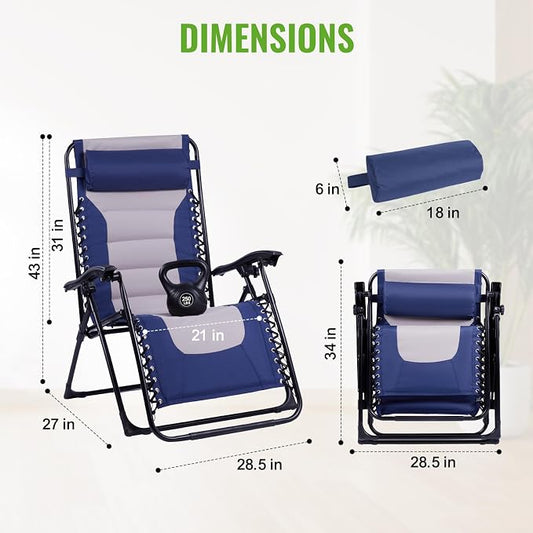Backyard Expressions Deluxe XL Padded Recliner Zero Gravity Chair – Ergonomic Anti-Gravity Lounger with Folding Design, Side Tray, and Adjustable Headrest