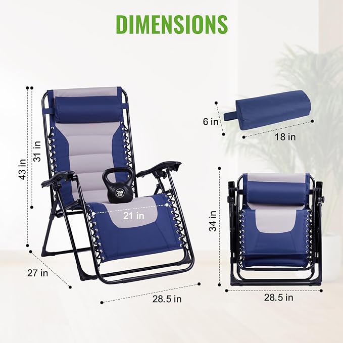Backyard Expressions Deluxe XL Padded Recliner Zero Gravity Chair – Ergonomic Anti-Gravity Lounger with Folding Design, Side Tray, and Adjustable Headrest