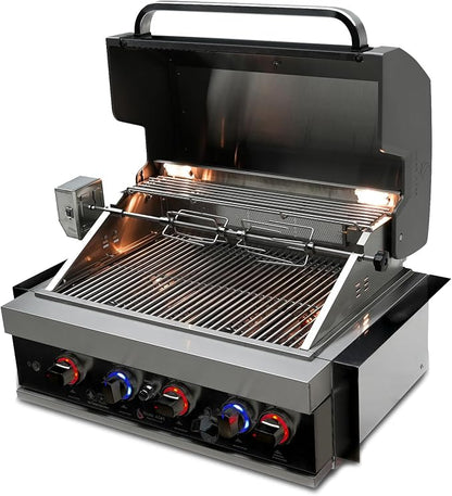 Mont Alpi Black Stainless Steel Outdoor Kitchen Island 32"W 4-Burner Built-in BBQ Grill + Accessories - Flat Top Griddle Hot Plate + Pizza Kit with Cutter & Stone + Spatulas + Tongs + Cleaning Brush