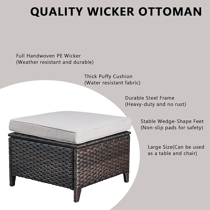Rilyson Wicker Outdoor Patio Sofa with Ottoman, Large 3 Seater Wicker Patio Couch with 4in Replaceable Seat Cushions and Deep Seating, All Weather for Backyard, Garden, Poolside (Brown/Beige)