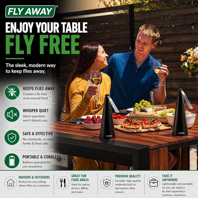 Fly Away - 2 Pack Outdoor Fly Repellent Fan, Outside or Inside Table use, Restaurant, Barbeque, Events, Deter Flies, Wasps, Bees, Other Moscas and Bugs Away, Battery Operated, Tabletop, Hanging Hook.