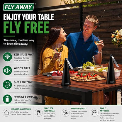 Fly Away - 2 Pack Outdoor Fly Repellent Fan, Outside or Inside Table use, Restaurant, Barbeque, Events, Deter Flies, Wasps, Bees, Other Moscas and Bugs Away, Battery Operated, Tabletop, Hanging Hook.