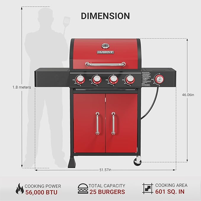 HUGROVE 4 Burner Propane Gas Grill with Side Burner, 601 Sq. In. Cooking Area with Warming Rack 56,000 BTU BBQ Grill with Porcelain-Enameled Cast Iron Grates for Outdoor Cooking