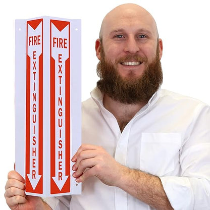 SmartSign "Fire Extinguisher" Projecting Sign with Down Arrow, 18 x 4 inch Tall/Vertical, 3D Two-Sided V-Shaped, 40 mil Aluminum, Red/White, Made in USA