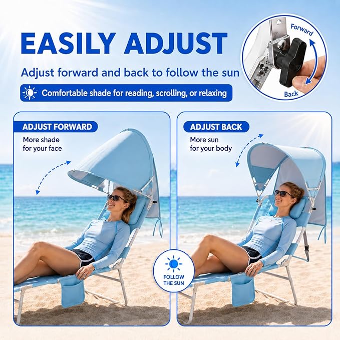 Backpack Beach Tanning Lounge Chair with Canopy Shade Face Hole Padded Adjustable Washable, 6 Position Layout Chair for Outside Sunbathing Poolside Lawn, UPF 50+ Wind-Resistant Sun Shade, Patented