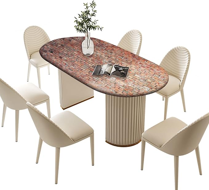 Wall Oval Fitted Tablecloth, Vintage Red Brick Wall Elastic Edged Table Cover, Polyester Table Cloths for Indoor Dining and Outdoor Patio Party Festival Use, Fits Tables Up to 52x70 Inches