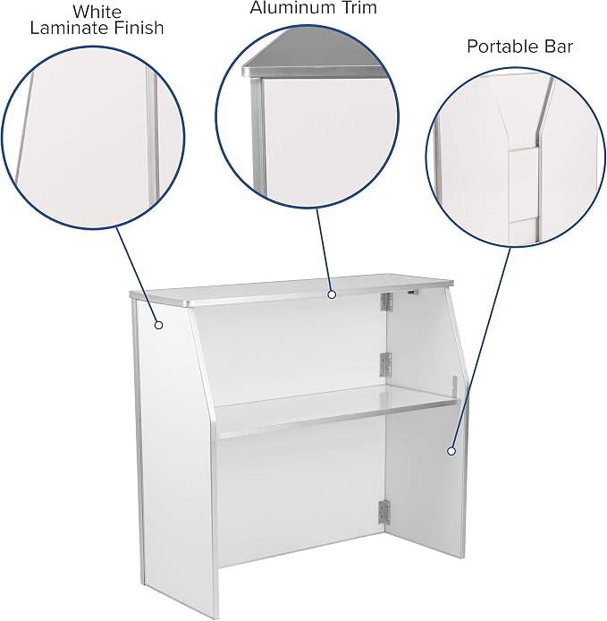 Flash Furniture 4' Folding Portable Event Bar with Top and Middle Shelves, Mobile Laminate Foldable Bar for Parties and Events, White | Portable, Durable Construction, Commercial Use