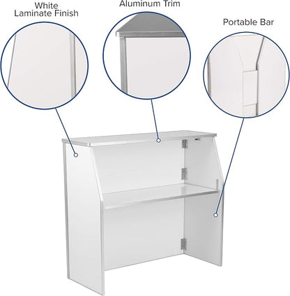 Flash Furniture 4' Folding Portable Event Bar with Top and Middle Shelves, Mobile Laminate Foldable Bar for Parties and Events, White | Portable, Durable Construction, Commercial Use