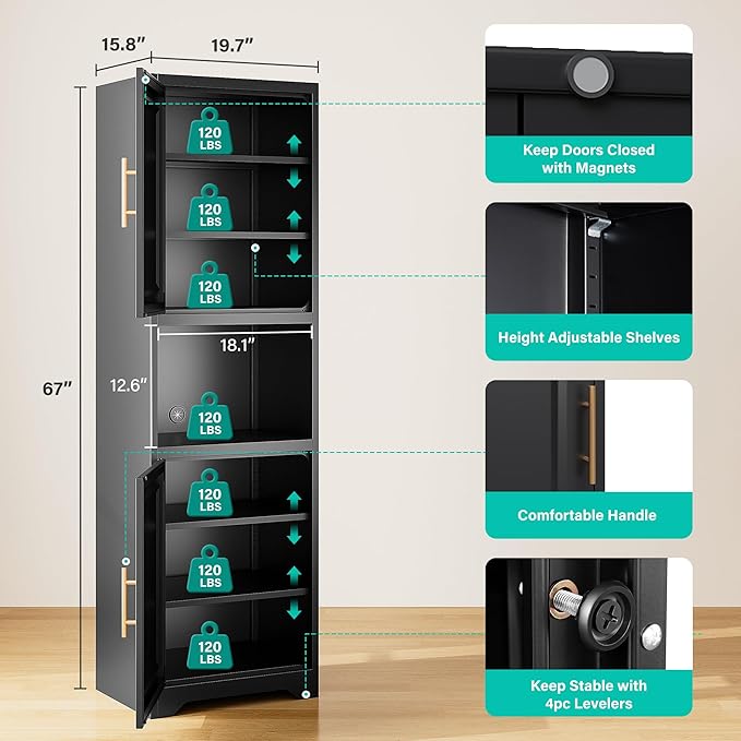 SISESOL 67" Tall Narrow Storage Cabinet with 2 Door and 7 Shelves,Slim Kitchen Pantry Cabinet,Black Metal Bathroom Cabinets,Large Cupboard for Home,Kitchen,Laundry,Bathroom