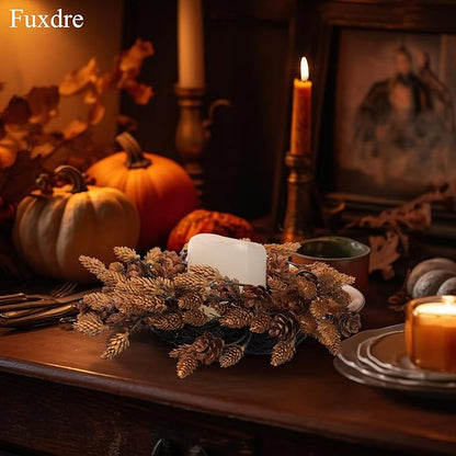 2 Pcs Christmas Candle Rings Wreaths, 10 Inch Candle Wreath with Artificial Brown Pinecone, Christmas Candle Holder Indoor Decor for Home Kitchen Cabinets Centerpieces for Tables