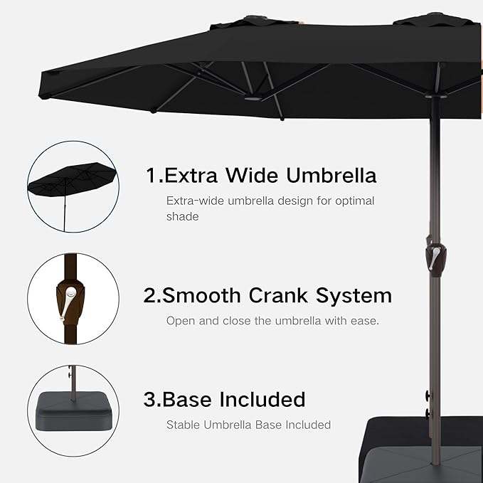 Kingdura 15ft Large Patio Umbrella with Base Included, Double-Sided Rectangle Outdoor Table Umbrella with 12 Reinforced Ribs, Crank Lift for Market Pool Deck Backyard, Black